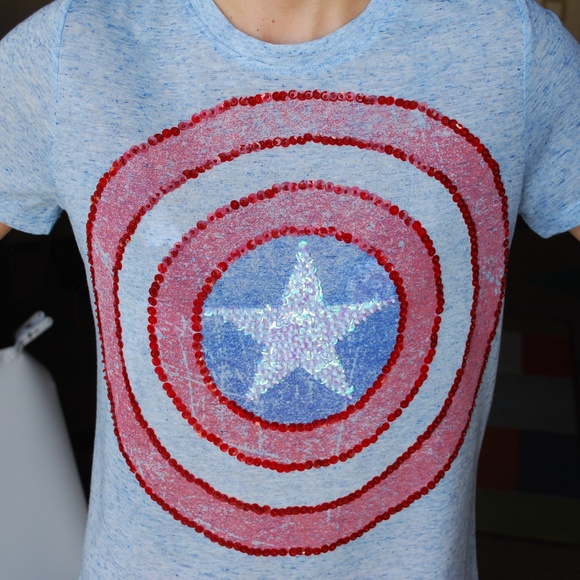 Halloween Captain America Tee Size L (Jr's) XS-S Customized Sequined Embellished - Picture 1 of 8